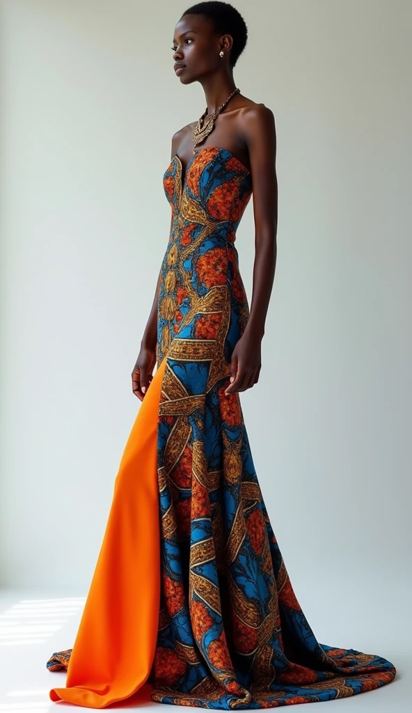 Digital painting of the full-length silhouette of a beautiful, beautiful, sexy, sensual and unique African model with honey-colored eyes. Her dress is a dashiki with bright, cheerful colors like the look of an oil painting. The African model exhibits a serene expression, vivid shadows of soft colored particles playing across her features. Black, very intense and dark background that contrasts and accentuates the beautiful silhouette of the beautiful African model, hair detailed with discernible individual strands. Capturing light and texture, high resolution, mysticism+coherent and ultra-realistic