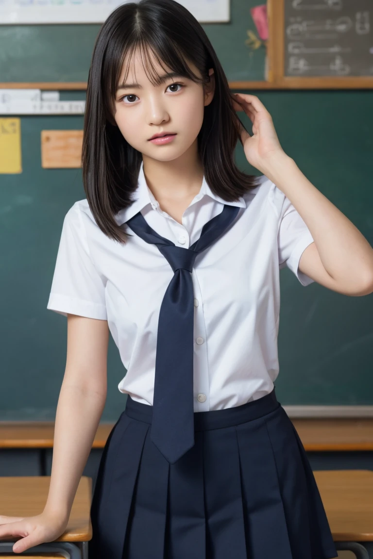 Highest quality,Ultra-high resolution,high school girl,1 person,whole body,Black Hair, Cool look,Looking into the camera,Beautiful Skin,High School Uniform, tie,Small breasts,Check skirt,Classroom after school,Standing pose