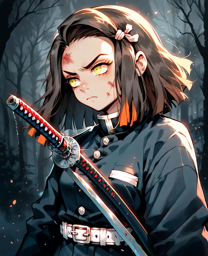 1  negro, dark brown hair, 4 orange locks, medium hair, greeneyes, Male Demon Slayer Uniform, white stockings, Branco day, strong chest, bandage on the arms, very serious expression, no shine in the eyes, hold the katana with both hands, fog, black forest, tired pose