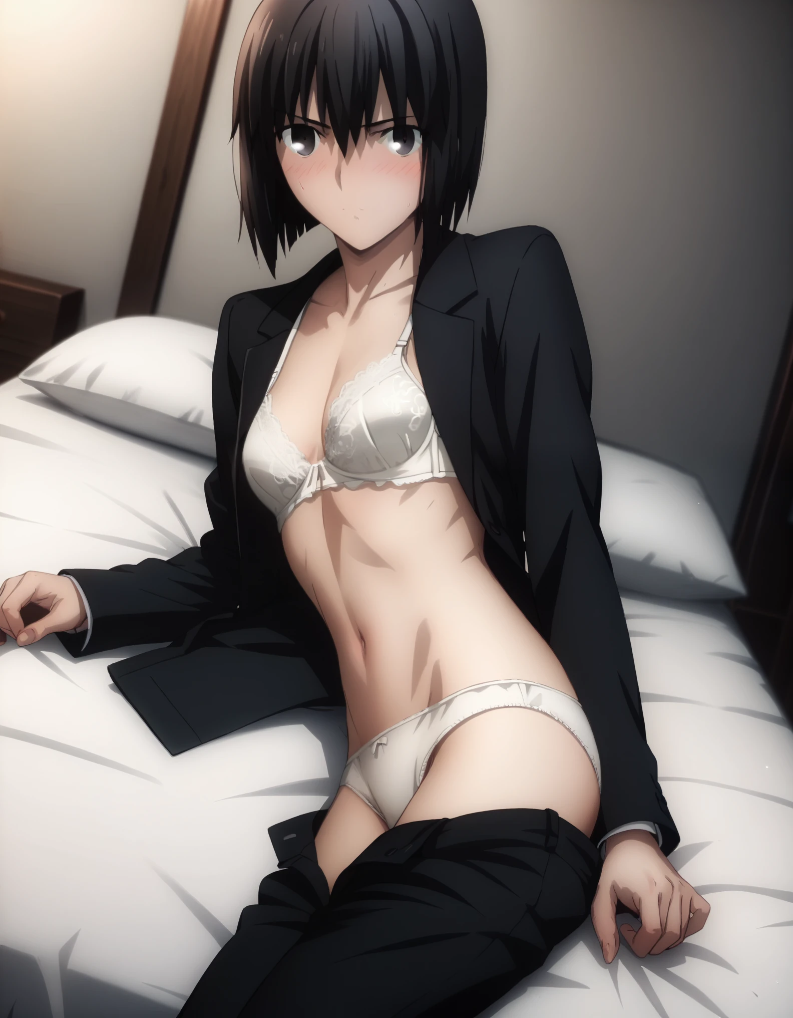 sauce_anime, ambient light,
fsn_ubw_style, 1girl ,tall girl, straight hair ,bob cut hair, black hair, deep black eyes, squinting, hair between eyes, perfect eyes , Perfect face, expressive eyes, 
(undress lace bra),,(black jacket) , (slender body), slim body,
indoors, bed, realistic bed room, on side, ,
cowboy shot, looking at viewer, solo, dutch angle, blush, medium breast, (in panties), undress suit black pants,