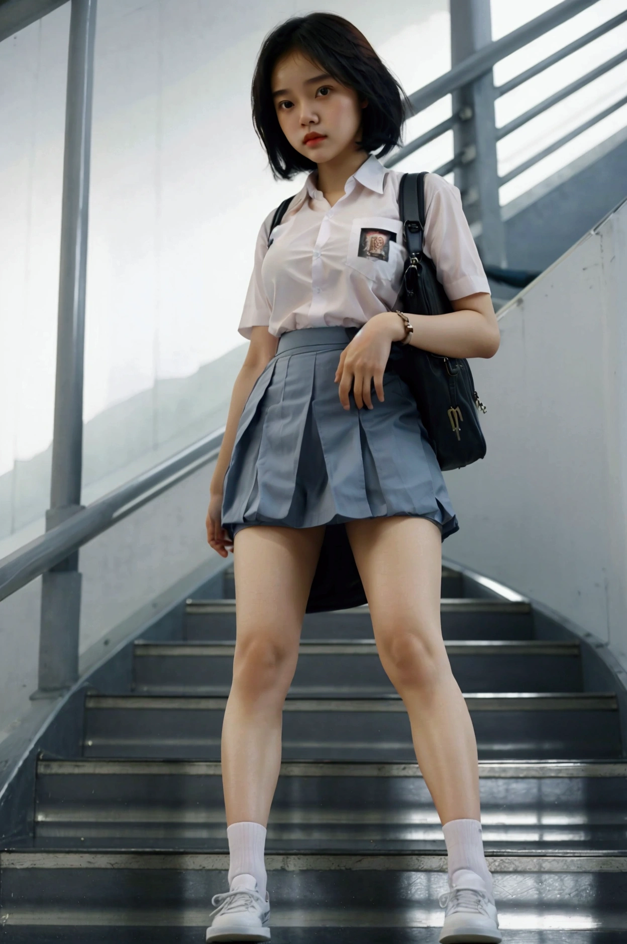 beautiful Indonesian female student, short hair, wearing white , gray skirt, mini skirt, short skirt, tight skirt, white socks, black shoes, carrying a school bag, standing on the escalator, about to go down, photo taken from the bottom of the escalator, realistic, ultra hd, mall atmosphere,.