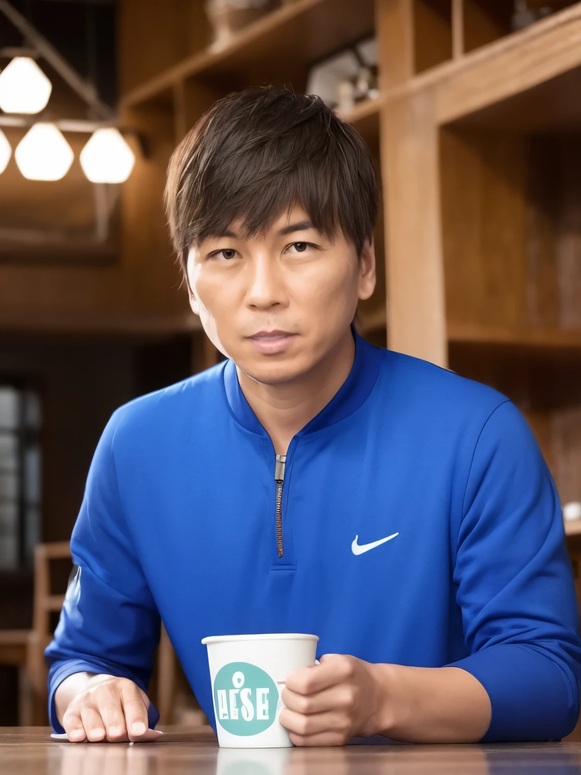 (1 male). solo. Oriental, Blue jersey, A cafe bathed in warm sunlight, Wooden table and chairs, Coffee cup, Green houseplants, Retro lighting, Relaxed atmosphere