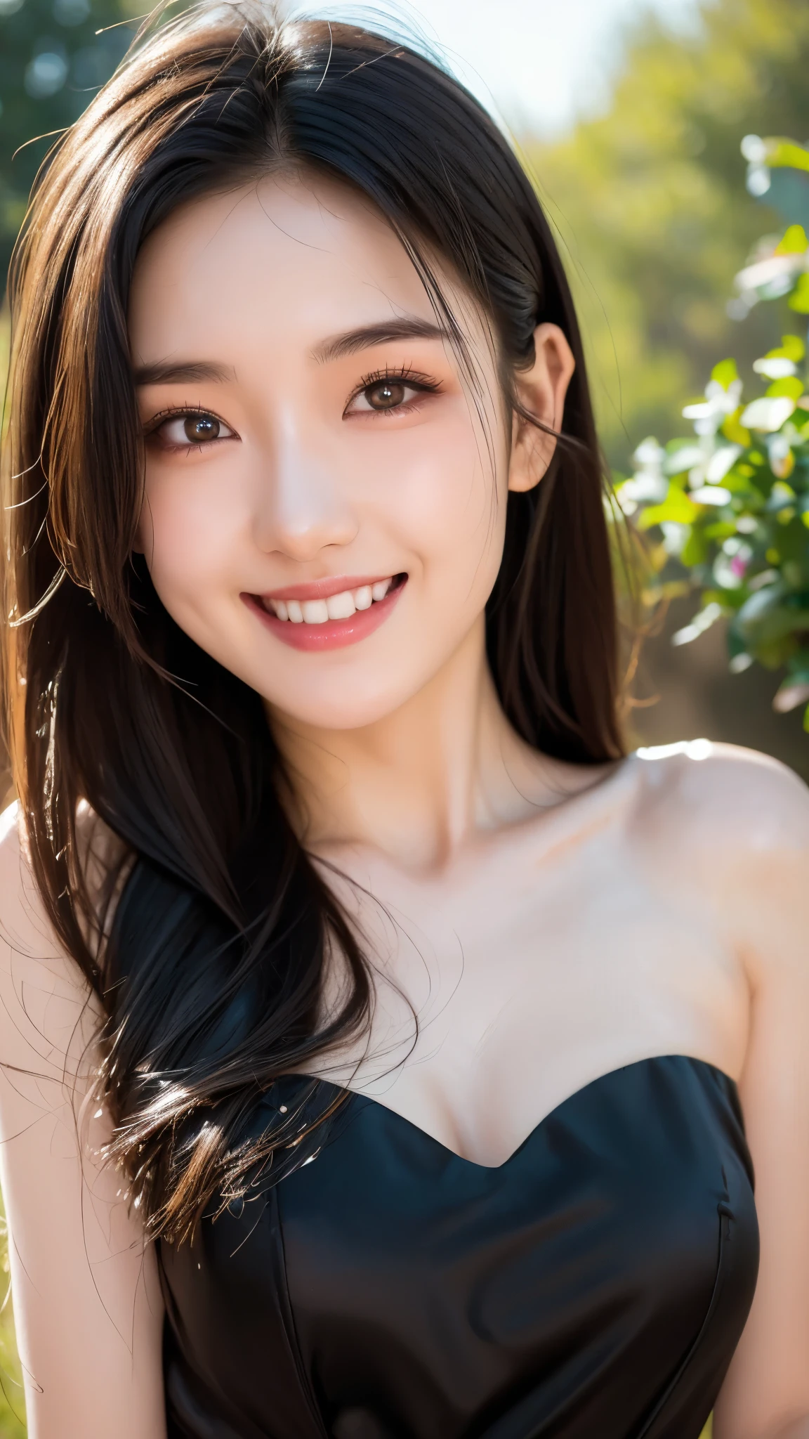 A 16k masterpiece, highest resolution, every detail, meticulousness, depth of field, bright colors, beautiful composition: a teenage girl with black hair and innocent eyes in great detail , a clear face standing against a dark spring landscape. sexy silk dress. sexy smile.