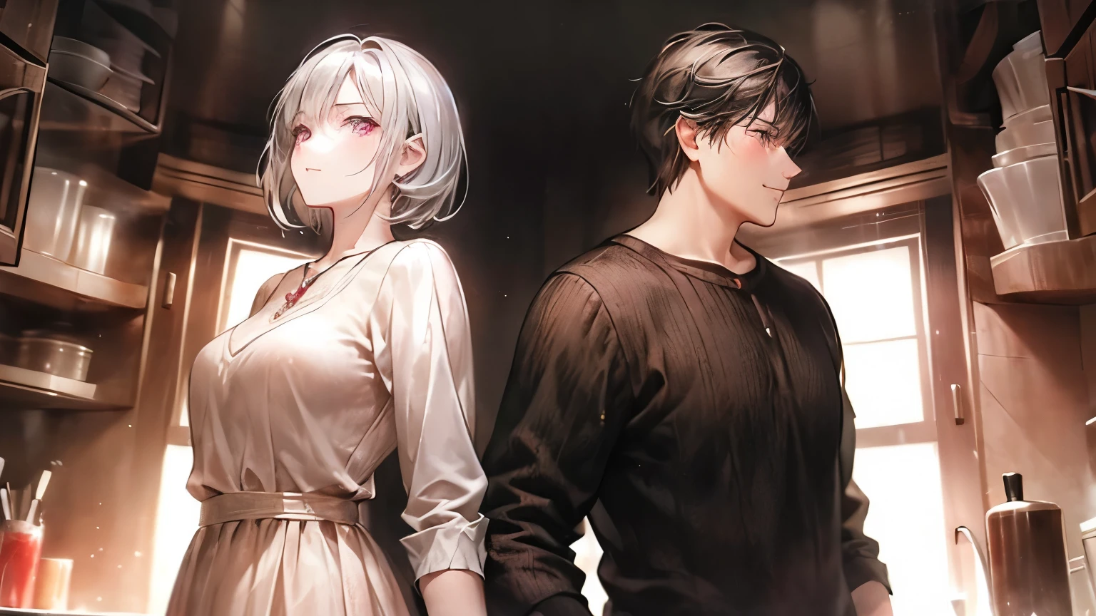 ((Highest quality)), ((masterpiece)), (detailed)、A woman with silver short hair and pink eyes and a middle-aged man with black hair are standing back to back、profile、Panorama、Black background、A slightly sad smiling face、An angle that captures the whole body