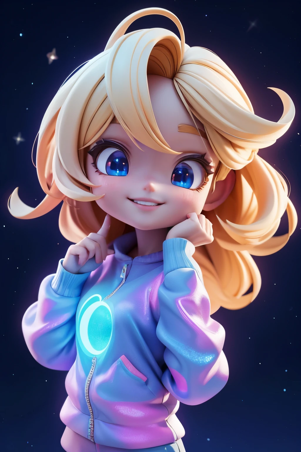in space and in the shining galaxy the moon at night and stars and colors holographically, 3D rendering, 1 girl, High resolution, High resolution, blond hair, smile, bright light,