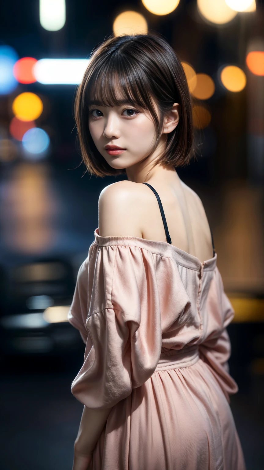 “A beautiful 20-year-old woman with a bob-cut short hairstyle and brown hair, looking up at the rainy sky with raindrops wetting her face. She has brown eyes, is wearing an off-shoulder white shirt, and has small silver earrings on her earlobes. She is also wearing a necklace. The image is highly detailed, 8k resolution, with cinematic lighting effects.”