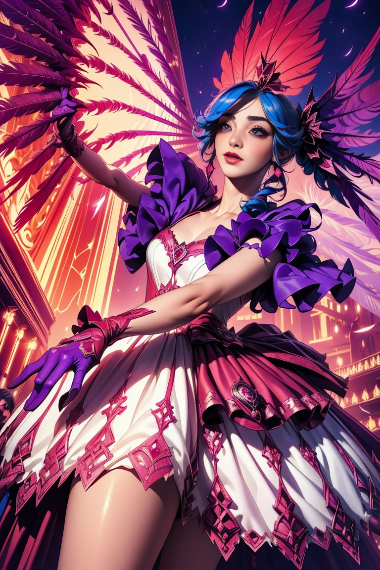 gwen at the masquerade wearing a masquerade mask with feathers and beautiful red and purple dress dynamic spinning pose high up camera angle party night time big dress cute pose big scissors