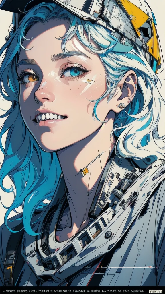 No estilo do futurismo cyberpunk, garota sorridente de cabelo super curto, African influence, etam cru, azul claro e dourado, Michael Creese, Steelpunk, Michael Hussar, fundo branco, short cut, tatuagem por todo o corpo, melhor qualidade, alta qualidade, foto editorial, absurdres, obra-prima, detalhe intrincado, grain of film, suas delicadas faculdades humanas seguram as notas ilustradas 2D, detalhe 4k, passo a passo