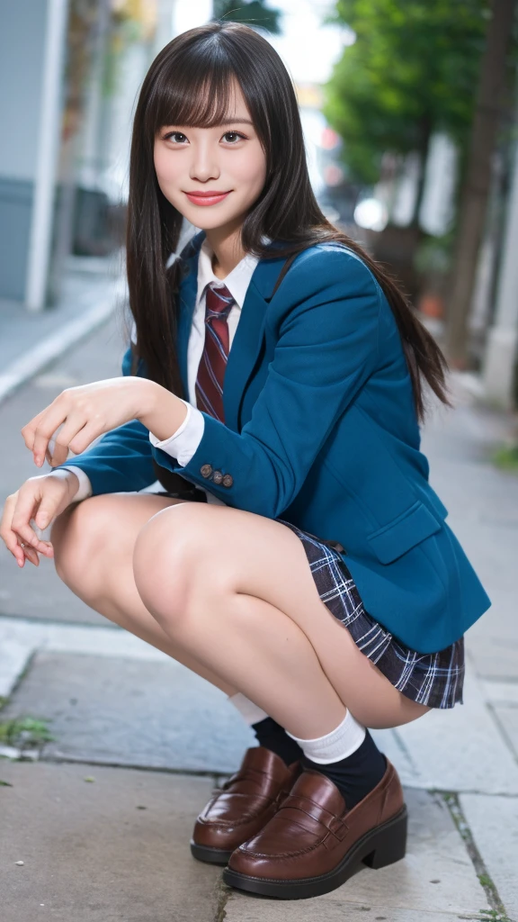 Cute 1 girl squatting on the sidewalk,red tie uniform,dark blue closed blazer,blue plaid mini skirt,bangs,a little smile,thighs,knees,Random crouching pose，pretty girl，slender girl，wear black loafers，