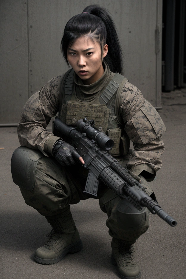 bleak gritty action edgy so much swagger trained marine corp militant asian female solider with serious expresion with an attitue vengance she adorn with pony tail hairstyle adorn hip hop rap style in kevlar black military attire armour sniper rifle on recline on a tank aiming sniper absolute disrespect bad-mannered with her female squad