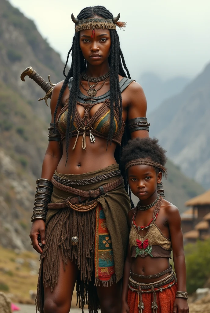 ((highest quality)), ((masterpiece)), (detailed), Perfect Face、((The woman is holding her baby daughter))、((The woman is Yuuki Asuna, a dark-skinned tribal woman with light brown hair, nude, dark-skinned painted skin with indigenous patterns.))、(The woman is embraced and caressed by the tribal man as his mistress in the primitive bedroom of a tribal hut.)、(The man is sitting on a large chair while being held by the woman, embracing her and caressing her breasts and crotch.)、Women are naked and wear bone jewelry, tribal earrings, tribal necklaces and tribal accessories.、(The man is a burly black-skinned tribal chief, naked and painted with his huge penis and testicles.)、The man is wearing the luxurious costume and accessories of a tribal chief、Tribal villages
