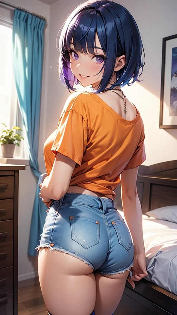 1girl, solo, bangs, blue hair, necklace, parted lips, purple eyes, short hair, smile, solo, orange anime t-shirt,  orange denim booty short, thigh high socks, bedroom background, back turned,  looking over her shoulder 