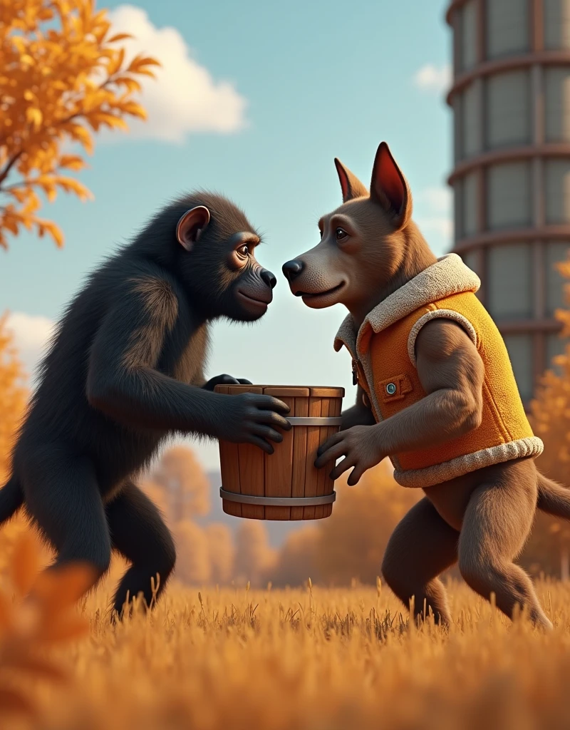 A muscular wolf along with a muscular bear and a humanoid bee drinking in a bar
