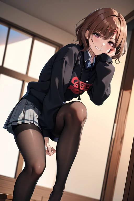 best quality, highres, 1girl, higuchi madoka, pantyhose, skirt, brown hair, mole under eye, mole, hair ornament, hairclip, pleated skirt, short hair,, long sleeves, bangs, sweater, miniskirt, black sweater, black pantyhose, looking at viewer:1.2, squatting:1.3, ass:1.2, show panties:1.2, sky from below:1.4, grey skirt, collared shirt, purple eyes,  cowboy shot, grin smile:1.3,