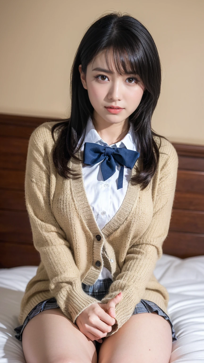 (((8K、high resolution、best quality、high resolution))),Solitary、Natural Body Shape、White skin、Natural Makeup、Black Hair、Bangs、Long straight hair、、((High school uniform)) 、((Beige cardigan、White collar long sleeve shirt))、((Red plaid pleated skirt))、(Red school badge)、、(Large Breasts:1.39)、((Wearing on the upper body))、(((((Looking at the camera)))))、(((Portrait from head to toe)))、(((Show your thighs)))、bedroom、on the bed、sit down、((Focus on the crotch))、White socks