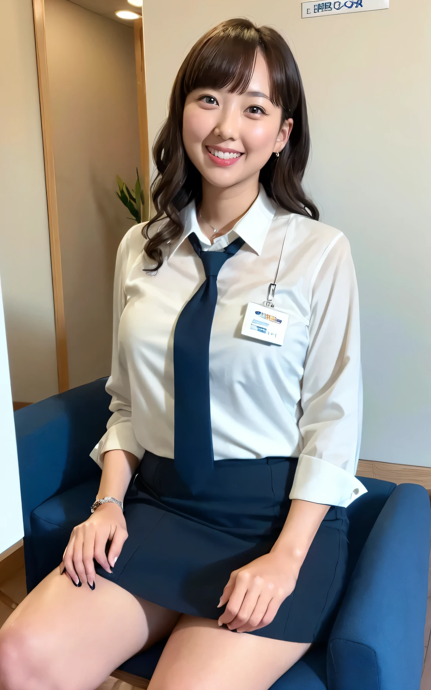 ((Brown Skin, mature)), (Japan Business Lady, In a navy blue business uniform:1.3, mini skirt), whole body:1.3, Chubby body type:0.1, high quality, Ultra-high resolution, (Photorealistic:1.4), Japanese, (beautiful:1.1), (one personの女性:1.5), (4:1.3), (Photorealistic photos:1.2), in 8K, (one personで, one person:1.5), Laughter, Behind the photo, Bangs straight, Big smile, Wavy Hair, Thick thighs,Sitting, Urban area,