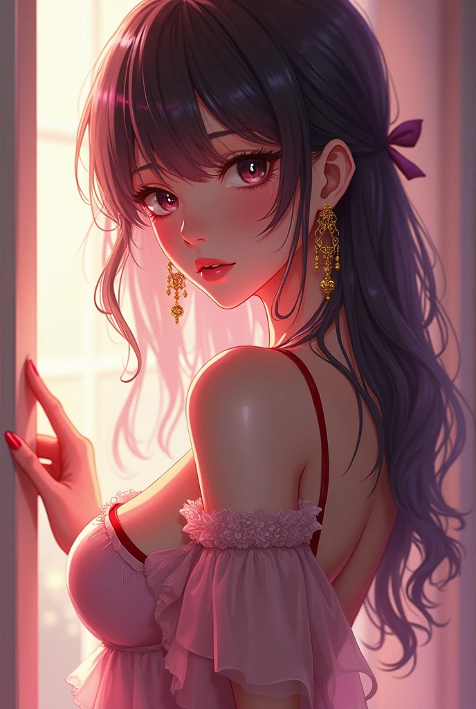 Create a female anime character in sexy clothes and small breasts and big ass