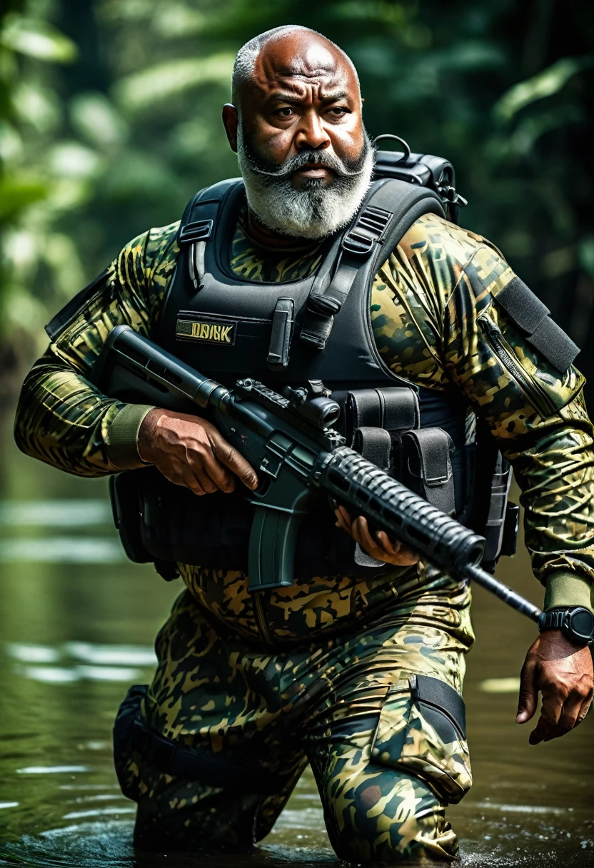 (a dark-skinned muscular fat bearded old man in a bulky camouflage zipper diver suit), laying down in a field holding a gun, muscular, toned muscles, Basuki Abdullah, sumatraism, action, a character portrait, heroic, fierce, snarling