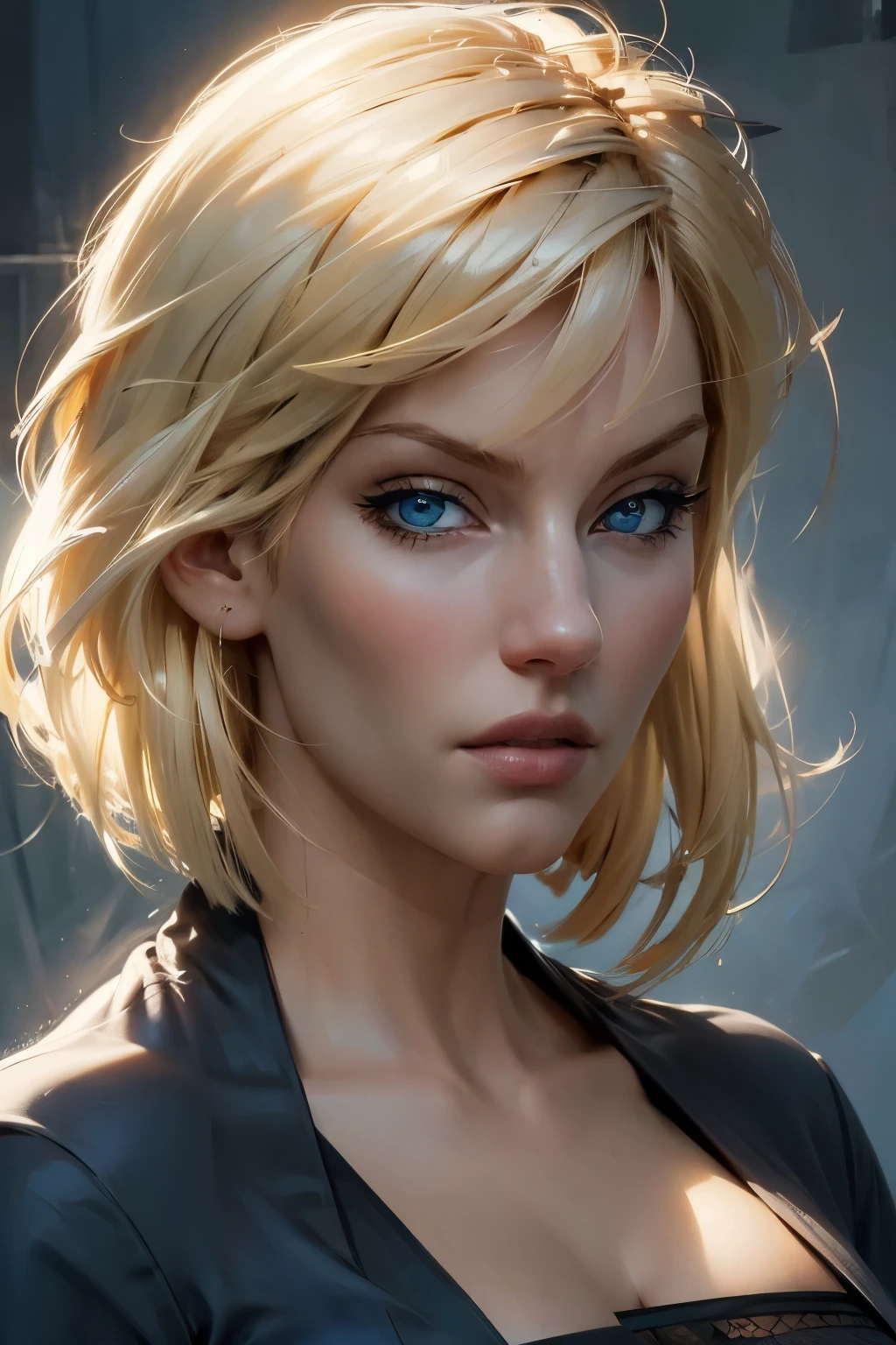 A realistic masterpiece portrait of a stunning blonde woman in her 30s, featuring expressive blue eyes, short bobbed hair, a slender nose, and full, kissable lips that form a warm smile. She has a mature, voluptuous figure, accentuated by a sheer white robe against a navy blue background.