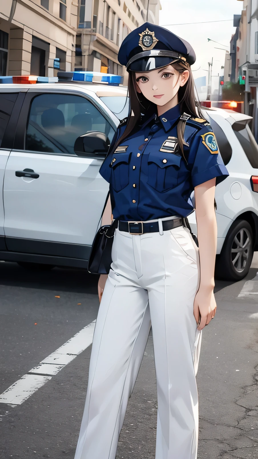 ((masterpiece)). ((best quality)), 1girl, solo, short hair, jet black hair, purple eyes, (full body), standing, hands on hip, bangs, japanese police uniform, glasses, tokyo city backdrop, (white shirt), (black pants, tie), matching shoes, medium breasts, 20 age, badge,