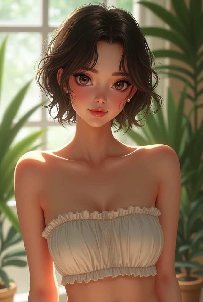 ((Light of the sun))、((Highest quality)), Realistic, Very detailed, In detail, ((High resolution)), ,Beautiful woman,Gravure Model,sexy,Beautiful Skin,Beautiful Eyes,Detailed face,(Glamour),((Berry Bob Cut Hairstyles)),Brunette Hair,20th Generation,Glamour system,Bust Size 85cm,A slim, toned waist,(Beautiful Eyes),(Adult),smiling sexy、,(body harness art:1.4),(((Her breasts are in full view))),(((beautiful and natural nipples))),, (See through:1.3), See through white sports under ultra micro wear with multiple elastic white harnesses for clothing,