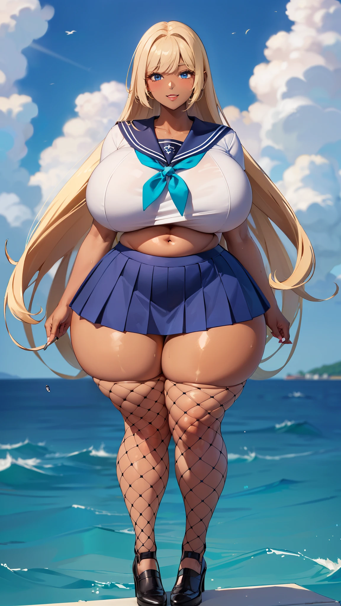 ((8k,Highest quality、Very tall、12th class、voluptuous woman))、(gigantic tits，Thick thighs、Big Hips、Very long legs:1.3), Blonde, blue eyes, high school girl、(Dark Skin、Sailor suit:1.3),happy smile、Sweaty、Navy Blue Skirt、Fishnet tights、Belly button
