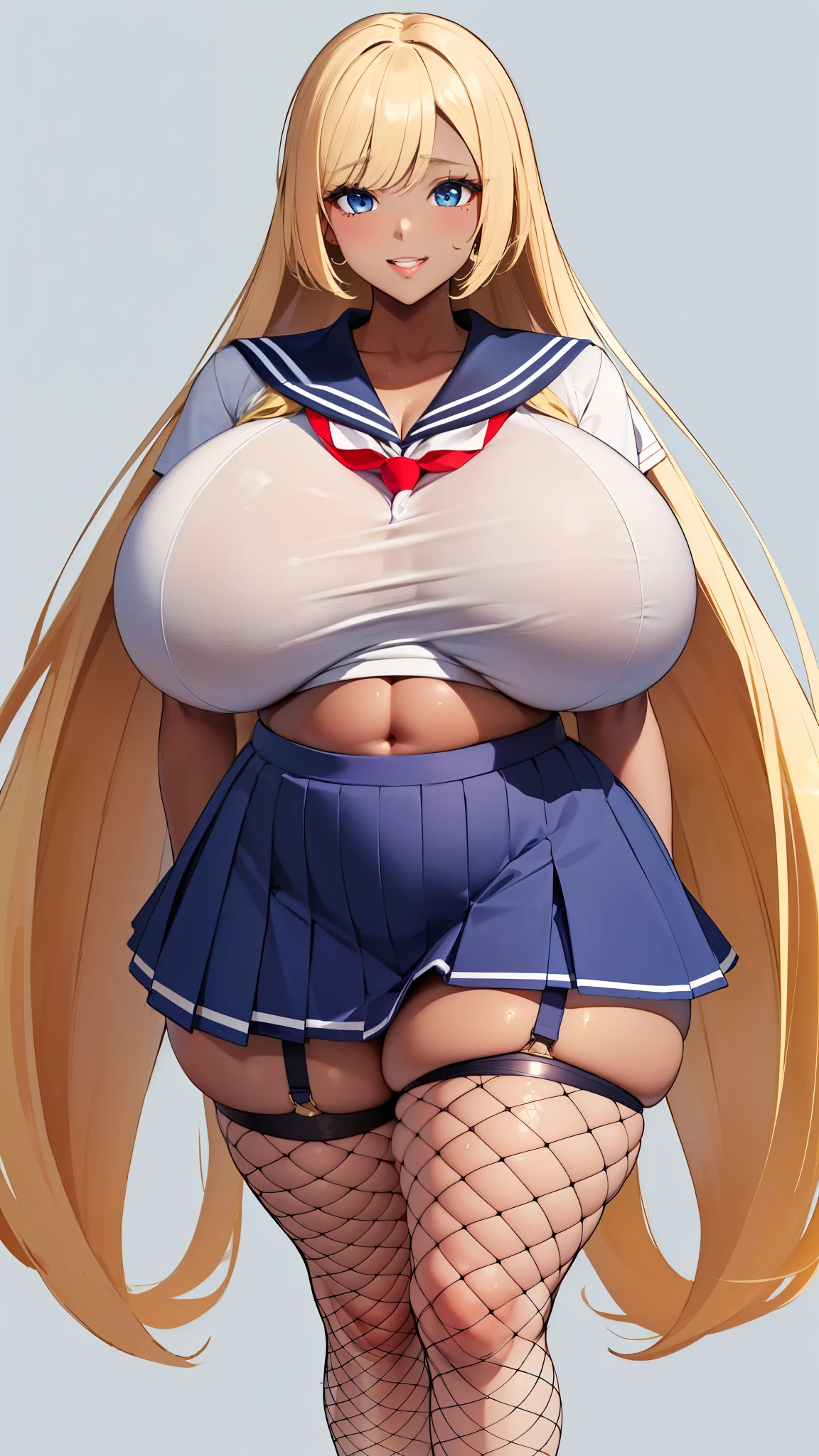 ((8k,Highest quality、Very tall、12th class、voluptuous woman))、(gigantic tits，Thick thighs、Big Hips、Very long legs:1.3), Blonde、 blue eyes, high school girl、(Dark Skin、Sailor suit:1.3),happy smile、Sweaty、Navy Blue Skirt、Fishnet tights、Belly button、Garter Stockings
