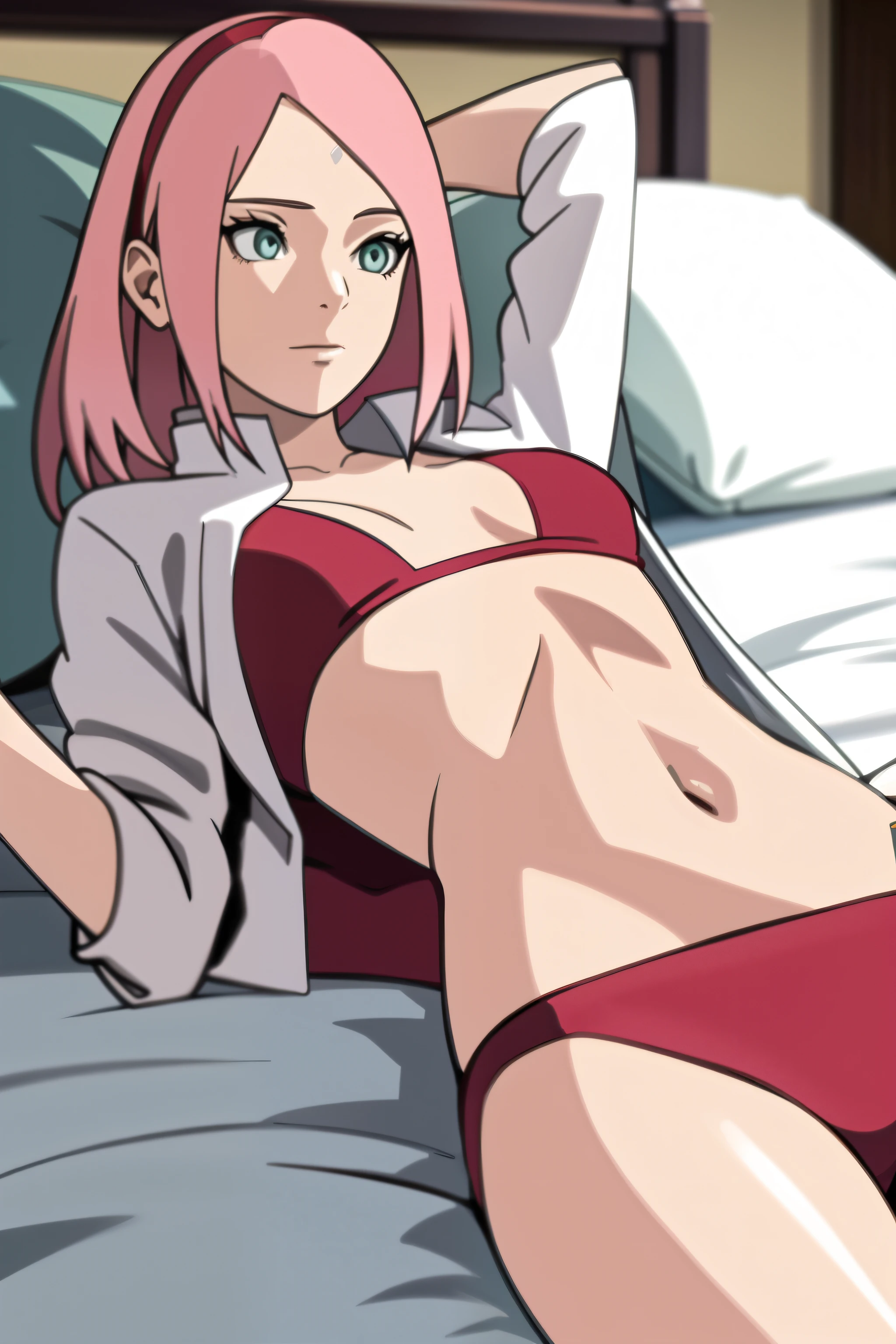 Sakura haruno , NSFW, ojos verdes, (Mejor calidad), nude, acostada en la cama