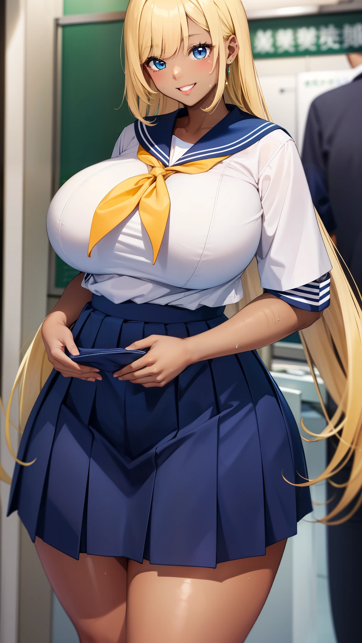 Big Breasts, Blonde, blue eyes, high school girl、(Dark Skin、Sailor suit:1.3),happy smile、Big Hips、Thick thighs,Sweaty、Navy Blue Skirt