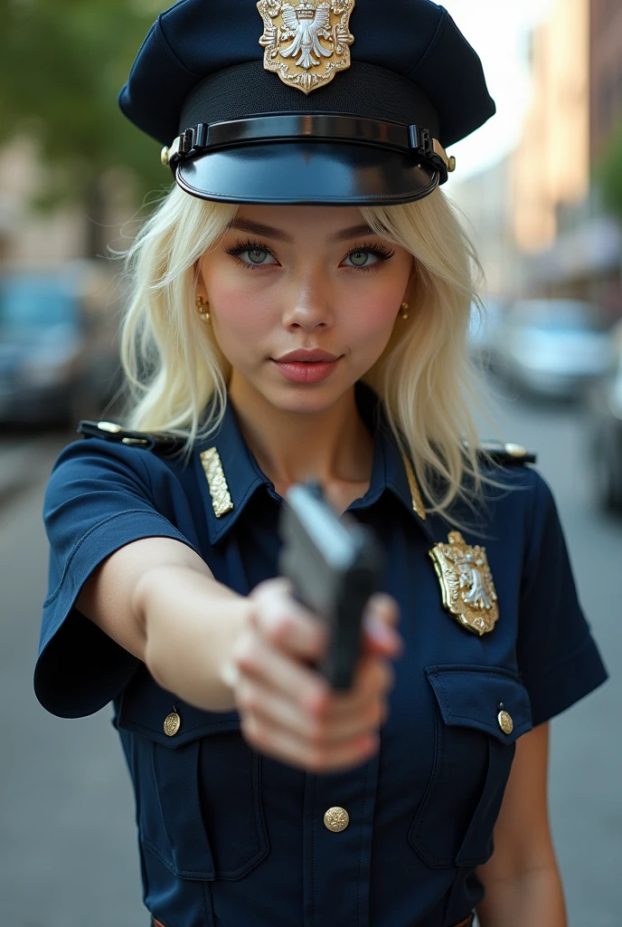 analog photo, editorial fashion photography, 24 year-old blonde woman, masterpiece, best quality, ultra-detailed, colorful, (((big booblonde hair, (((sexy model pose))), (((((cleevage))))), looking at viewer, police station, pleated miniskirt, ((((((sexy police uniform)))))), police cap, slutty, sweaty, hot, sexual, black pantyhose, detailed skin texture, beautiful detailed face, hyperrealistic, real, 4k, (((big boobs))), (((slim body))), (((((fit body))))), abs, supermodel, masterpiece, eye level, Kodak Funsaver, Porta 160, 20mm, bokeh, in the style of Nan Goldin, textured, high contrast, ultrarealistic, 4k, hyperreal, modern, ((minimal))