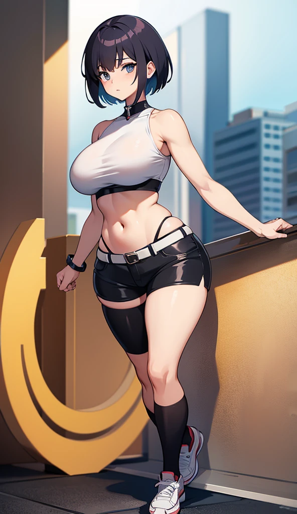 Covered erect nipples, Nipples, Lifting her shirt, Exhibitionist, Big Breasts, tops up, Videl's breasts measure 106 cm, masterpiece, best quality, highres, videl2, solo, blue eyes, black hair, twintails, black gloves, bike_shorts, bangs, white shirt, badge, cowboy shot, frown, hand on hip, leaning forward, Big Breasts, Nsfw , Focus crotch, detailed and sexy crotch ,WEARING SPORTS SHORTS, Hands on the hips, Giant breasts, big juicy tits, soft beautiful tits, super detailed art 