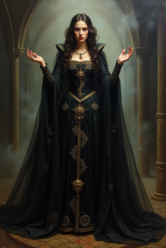 A full-body portrait of Lady Morgana Devereux, one of Lady Seraphina d’Aurelis' most trusted ladies-in-waiting. Morgana is depicted in flowing robes adorned with mystical patterns, reflecting her deep connection to the occult and dark magic. Her long, raven-black hair cascades down her back, contrasting with her pale, almost ethereal skin. Her deep violet eyes are intense and mysterious, adding to her enigmatic presence. Morgana stands with a quiet, contemplative pose, her hands slightly raised as if sensing the unseen forces around her. The background is shadowy and arcane, possibly filled with ancient symbols or magical artifacts, emphasizing her role as the sorceress and mystical advisor. The art style is realistic, capturing the intricate details of her robes and her otherworldly aura.