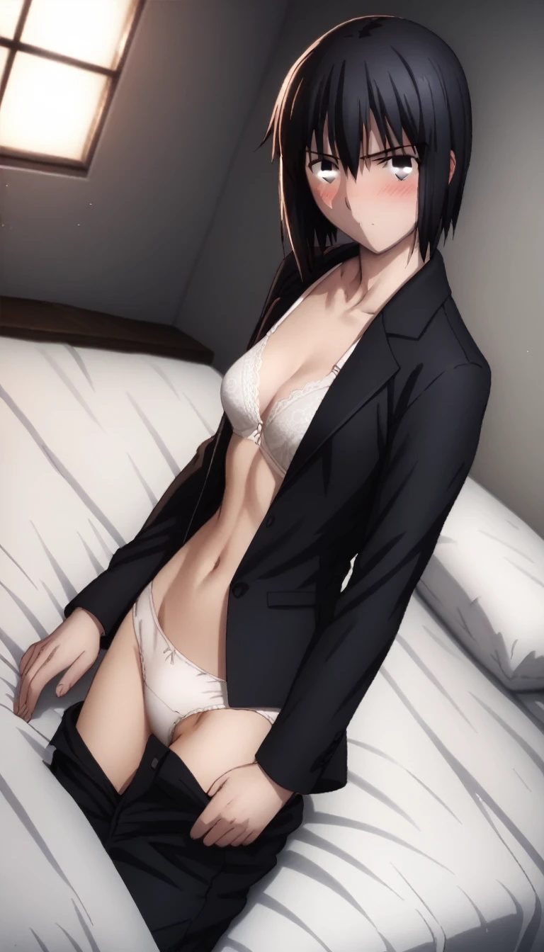 sauce_anime, ambient light,
fsn_ubw_style, 1girl ,tall girl, straight hair ,bob cut hair, black hair, deep black eyes, squinting, hair between eyes, perfect eyes , Perfect face, expressive eyes, 
(undress lace bra),,(black jacket) , (slender body), slim body,
indoors, bed, realistic bed room, on side, ,
cowboy shot, looking at viewer, solo, dutch angle, blush, medium breast, (in panties), undress suit black pants,