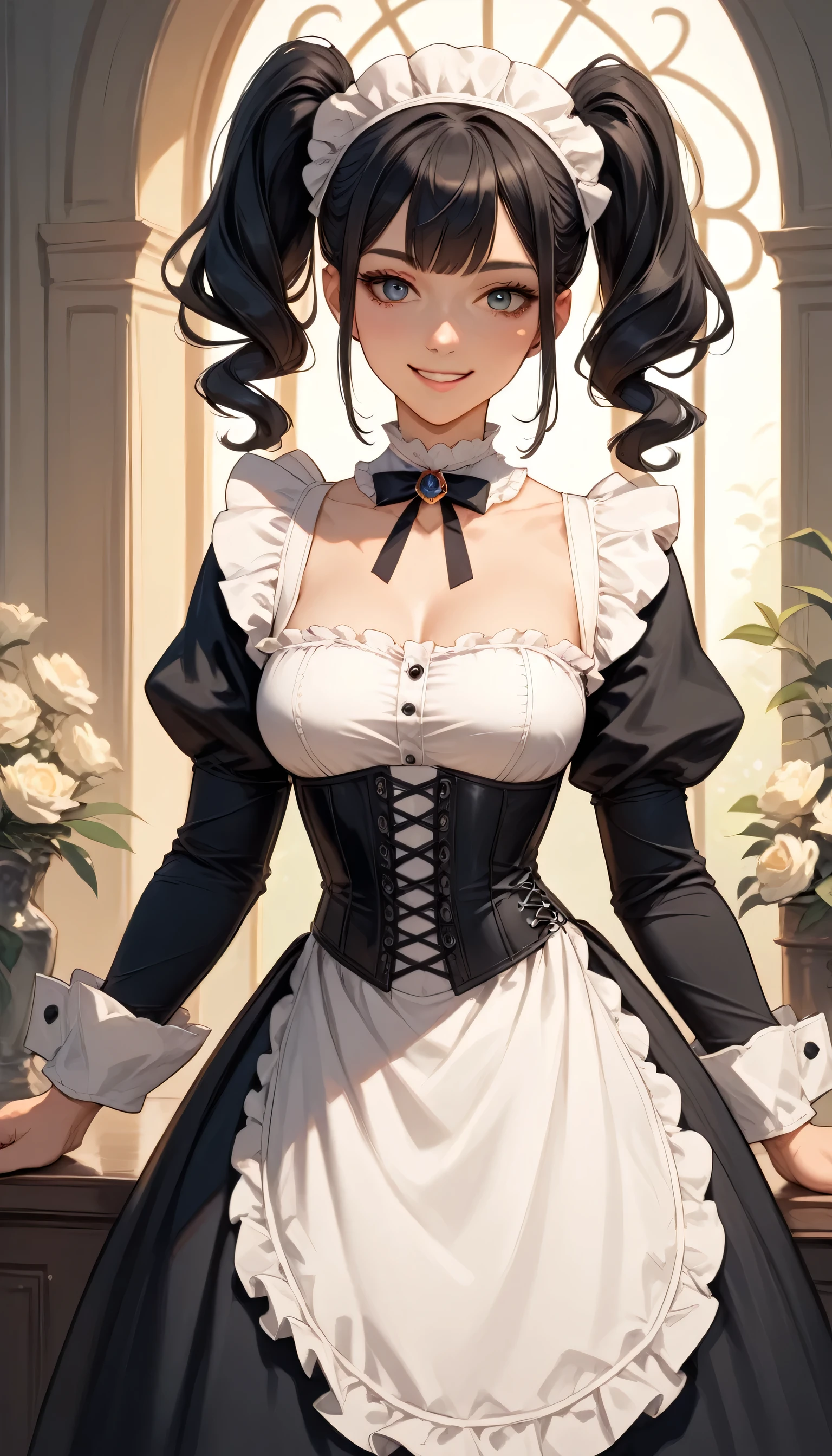 Izayoi Seishin artstyle, (score_9, score_8_up, score_7_up), (best quality, masterpiece),perfect anatomy,(aesthetic,very aesthetic),official style, (ultra-high resolution), 1girl, gothic maid outfit, black twin pigtails, white and black frilly maid dress, laced-up corset, black oversized sleeves, smile, playful and cute appearance
