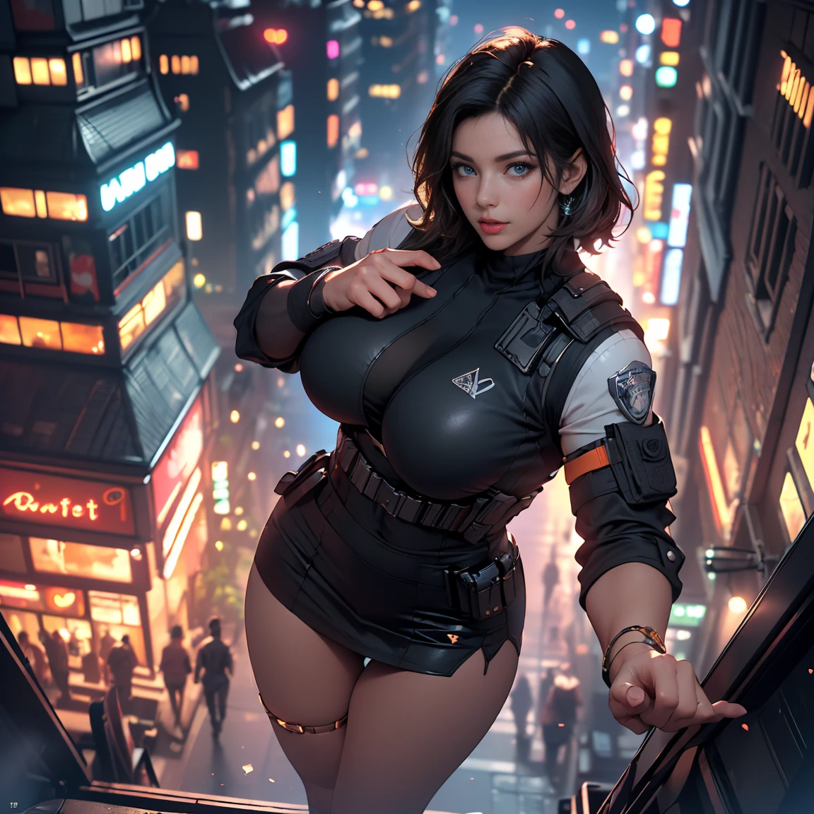 Raw image of a female ninja, busty, perching on rooftop, night village skylines, starry sky, (detailed skin complexion:1.2), best quality, deep color, natural lighting effect, ambient occlusion, high quality soft shadows