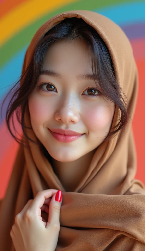 The back of the iPhone is decorated with the motif of a beautiful Korean girl, smooth white skin, well-groomed face, faint smile, orange hijab, realistic original photo.