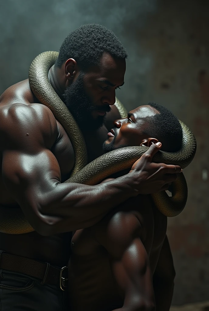 Idris Elba is hugging another man inside a jungle. loincloth, Thick body hair, with mustache, realistic, 4k, high definition