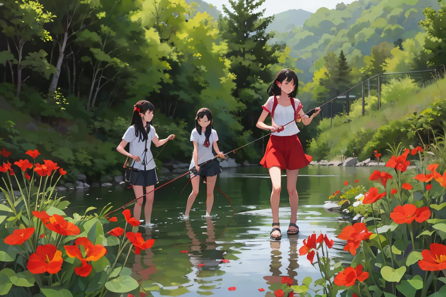 masterpiece, Highest quality,multiple, Three Girls, Fishing in a beautiful river、(Red canna flowers grow in clusters on the riverbank:1.2)、(have a fishing rod:1.4)、Fishing with a net、(Holding a bucket)、Water Play、Sandals, Black Hair, short hair、Long Hair, Hair ties, hair band, hair ornaments, Swimwear、Shorts, skirt、Dappled daylight、Outdoor, nature, rock, grassland、
