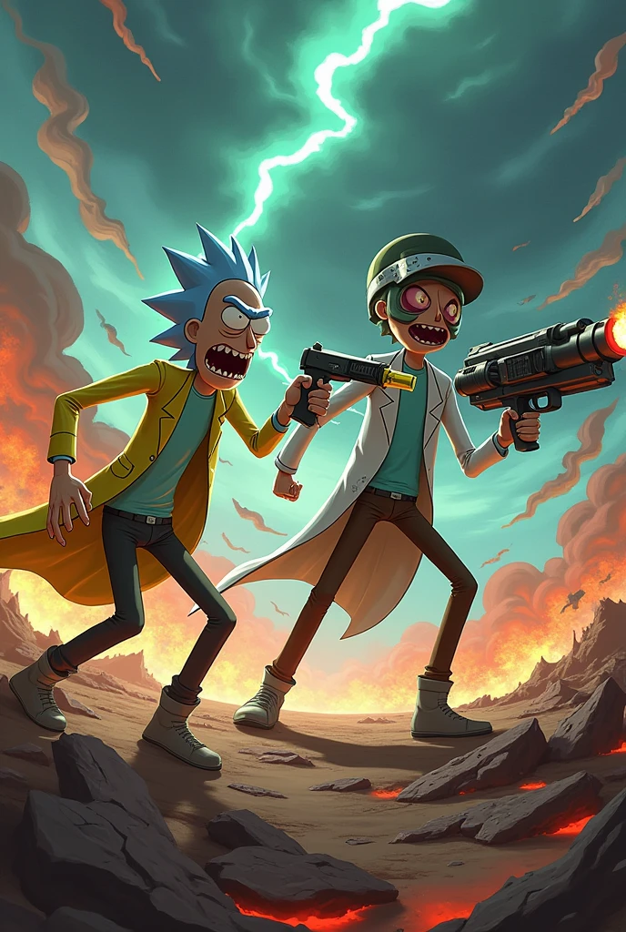 rick and morty style art cartoon,demon black eye,tattooed man, forest