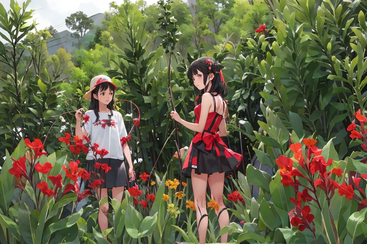 masterpiece, Highest quality,multiple, Three Girls, Fishing in a beautiful river、(Red canna flowers grow in clusters on the riverbank:1.2)、(have a fishing rod:1.4)、Fishing with a net、(Holding a bucket)、Water Play、Sandals, Black Hair, short hair、Long Hair, Hair ties, hair band, hair ornaments, Swimwear、Shorts, skirt、Dappled daylight、Outdoor, nature, rock, grassland、
