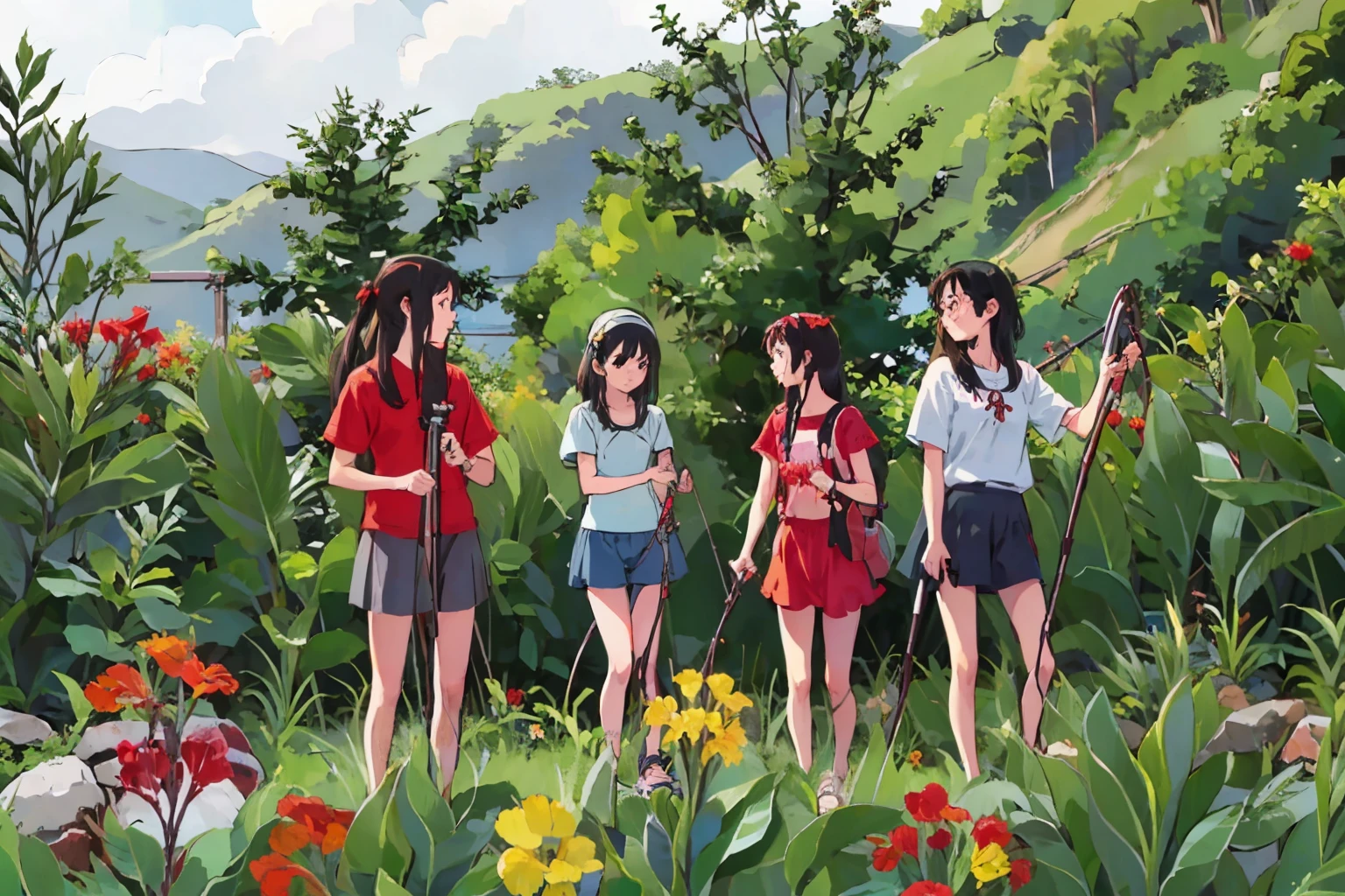 masterpiece, Highest quality,multiple, Three Girls, Fishing in a beautiful river、(Red canna flowers grow in clusters on the riverbank:1.2)、(have a fishing rod:1.4)、Fishing with a net、(Holding a bucket)、Water Play、Sandals, Black Hair, short hair、Long Hair, Hair ties, hair band, hair ornaments, Swimwear、Shorts, skirt、Dappled daylight、Outdoor, nature, rock, grassland、
