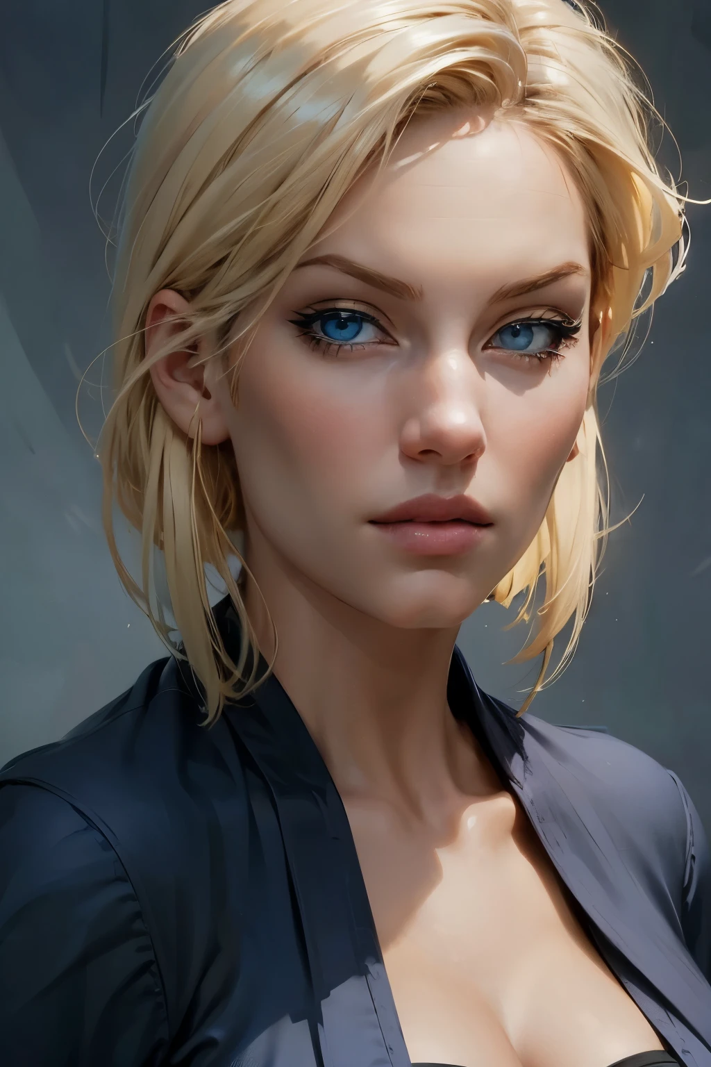 A realistic masterpiece portrait of a stunning blonde woman in her 30s, featuring expressive blue eyes, short bobbed hair, a slender nose, and full, kissable lips that form a warm smile. She has a mature, voluptuous figure, accentuated by a sheer white robe against a navy blue background.