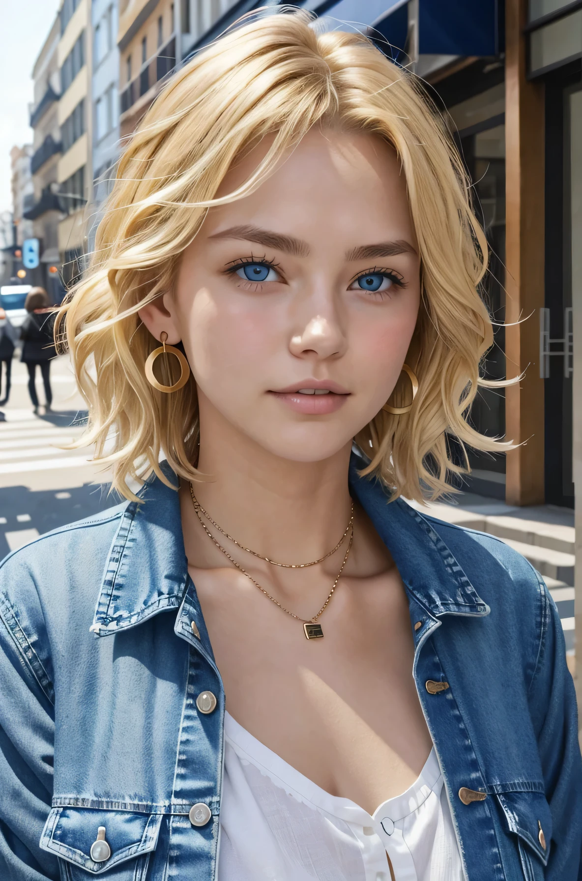 Blonde Caucasian Woman、, Wavy Hair、short hair、, blue eyes,、Please open your mouth a little、Denim jacket、shirt、ear piercing、necklace、、The background is a city street
