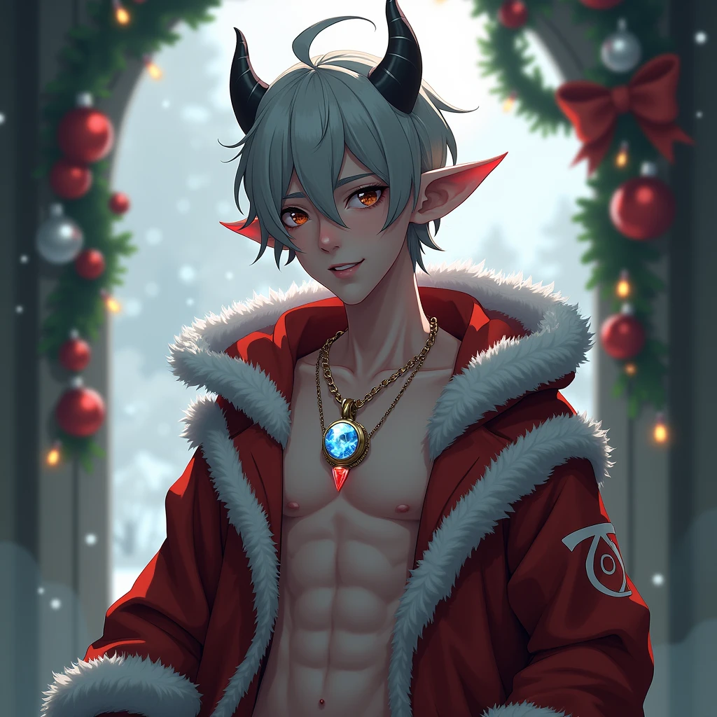 young man, twink, (((male))), (((man))), (1guy), (((single))), (((solo))), (((grey hair))), (((silver eyes))), (medium short hair), (chin-length hair), wavy hair, slim body, ((flat chest)), (((fantasy style))), (((wearing fir branches in his hair))), (((holly leaves in his hair))), (((red berries in his hair))), red berries in hair, flowercrown, ((pointy ears)), (((silver colored eyes))), smooth skin, bare legs, revealing clothes, (((wearing twigs in his hair))), (mistletoes), ((walnuts in hair)), gold details, winter, smiling, garden in the background, fantasy palace in the background, snow in the background, in the background, sunny weather, (sitting in the snow)