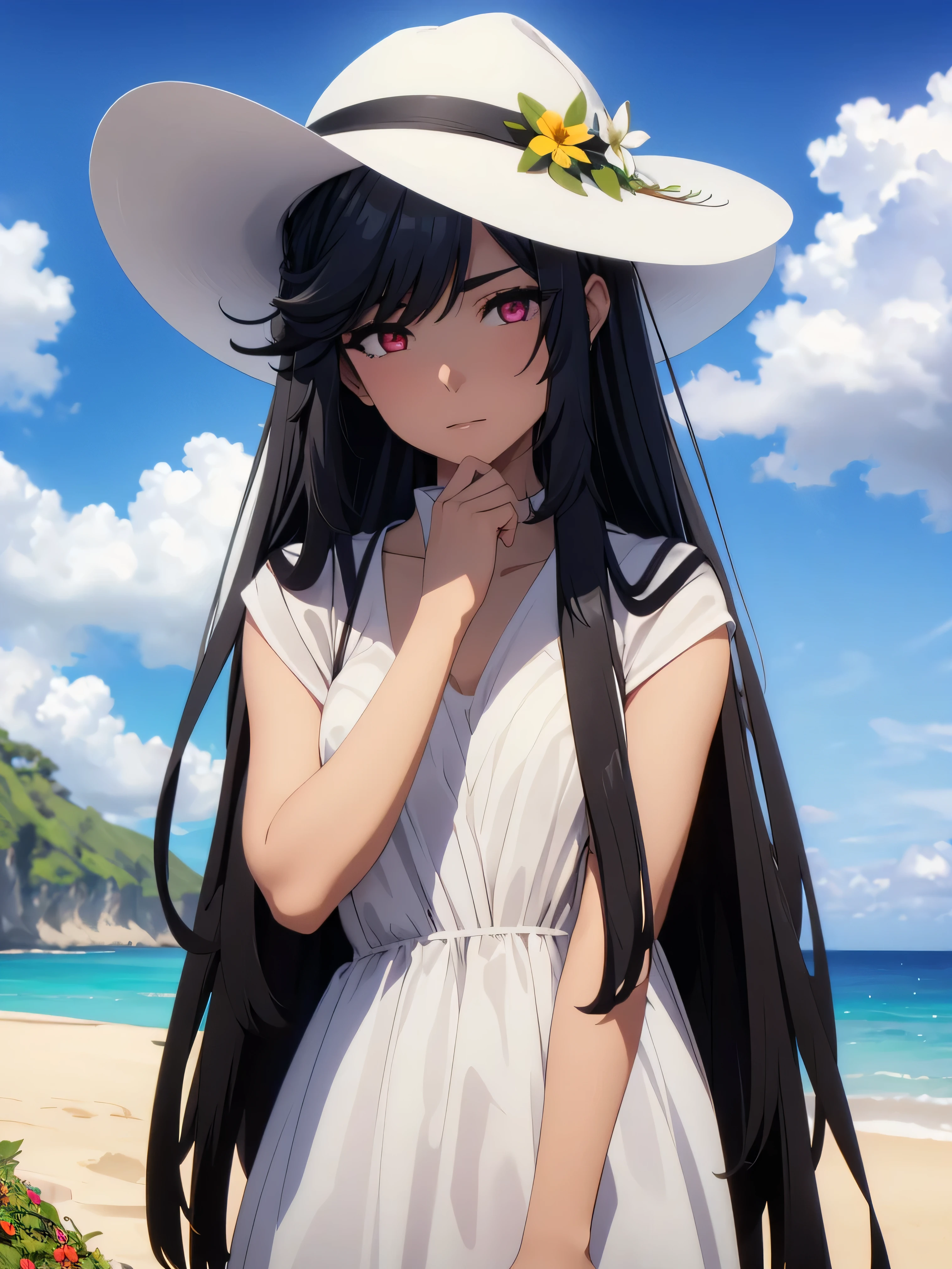 girl in white dress, black long hair, red beautiful eyes, and beautiful eyebrows, one hand on head with a beach hat, details, standing in green ground with flowers, background sky is blue and cloudy sun, image quality is 4k