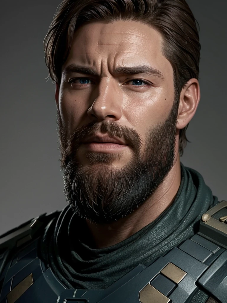 (front view), 4k realistic bust sculpture wallpaper simulating, Soldier boy, a man with a beard