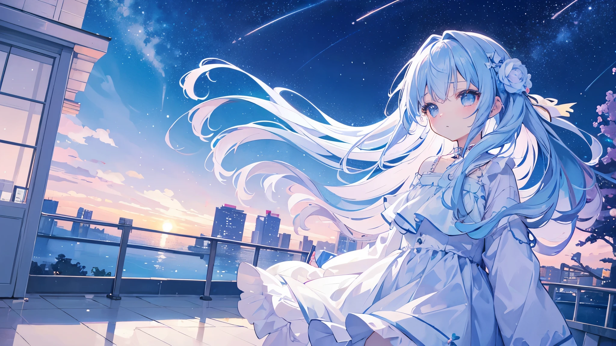 Draw a night sky above clouds in blue and white tones。In the night sky、star々Shines、The moon floats quietly。The clouds float softly、Creates a fantastic atmosphere。