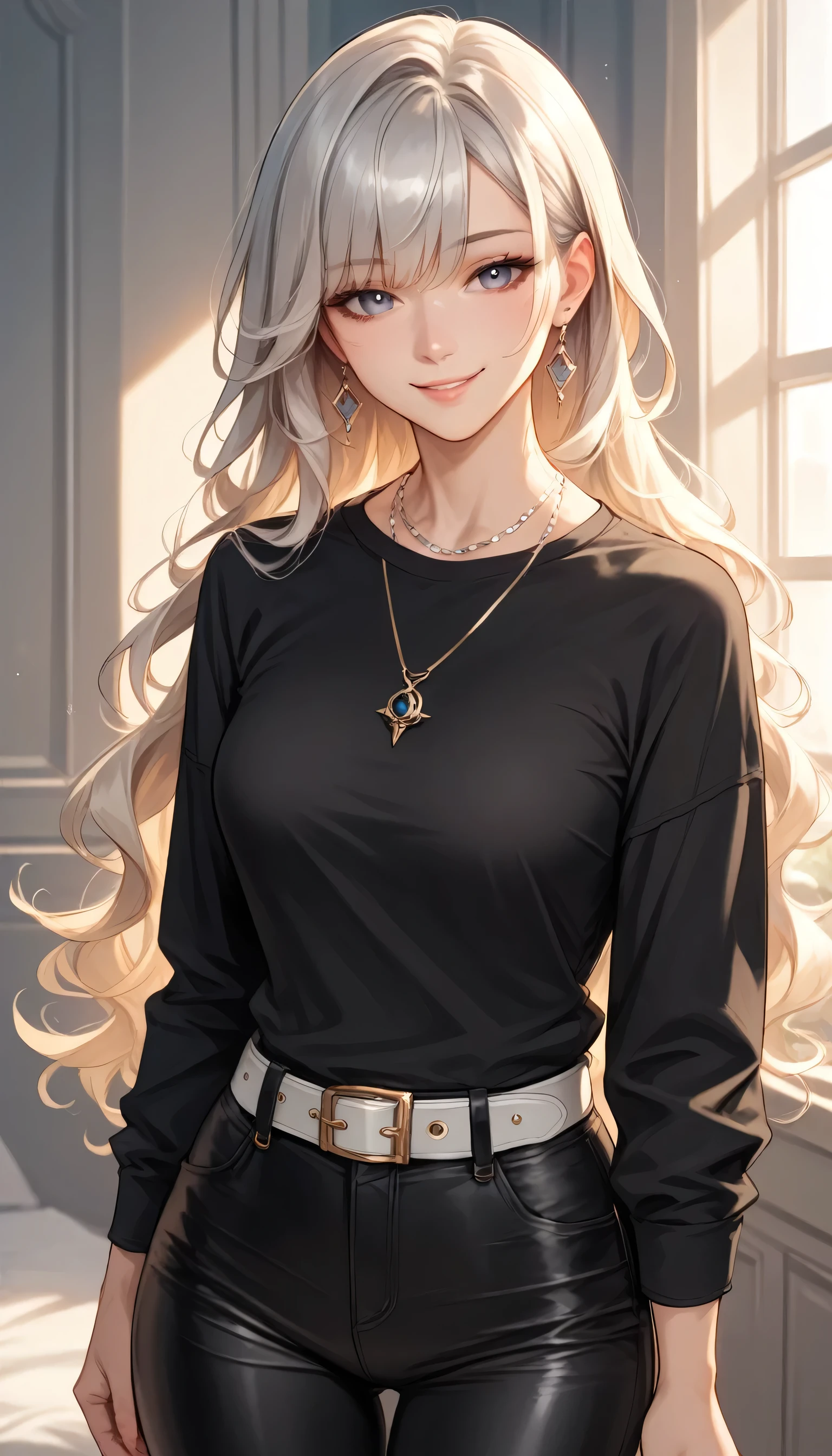 Izayoi Seishin artstyle, (score_9, score_8_up, score_7_up), (best quality, masterpiece),perfect anatomy,(aesthetic,very aesthetic),official style, (ultra-high resolution), 1girl, long straight blonde hair with bangs, long sleeve black t-shirt, black leather trousers, silver belt, silver necklace, smile, playful and cute appearance
