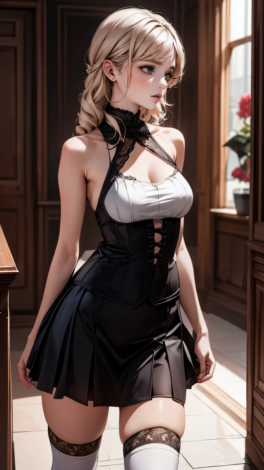 8K,Masterpiece,One woman,Smile,30 years old,blue eyes,White Hair,Short Bob Hair,(Gothic Lolita),Dutch beauty,Ella Freya(Ella Freya),(White panties),2b, short hair, dress, Slender figure, Cleavage, Small breasts, Gray Hair,