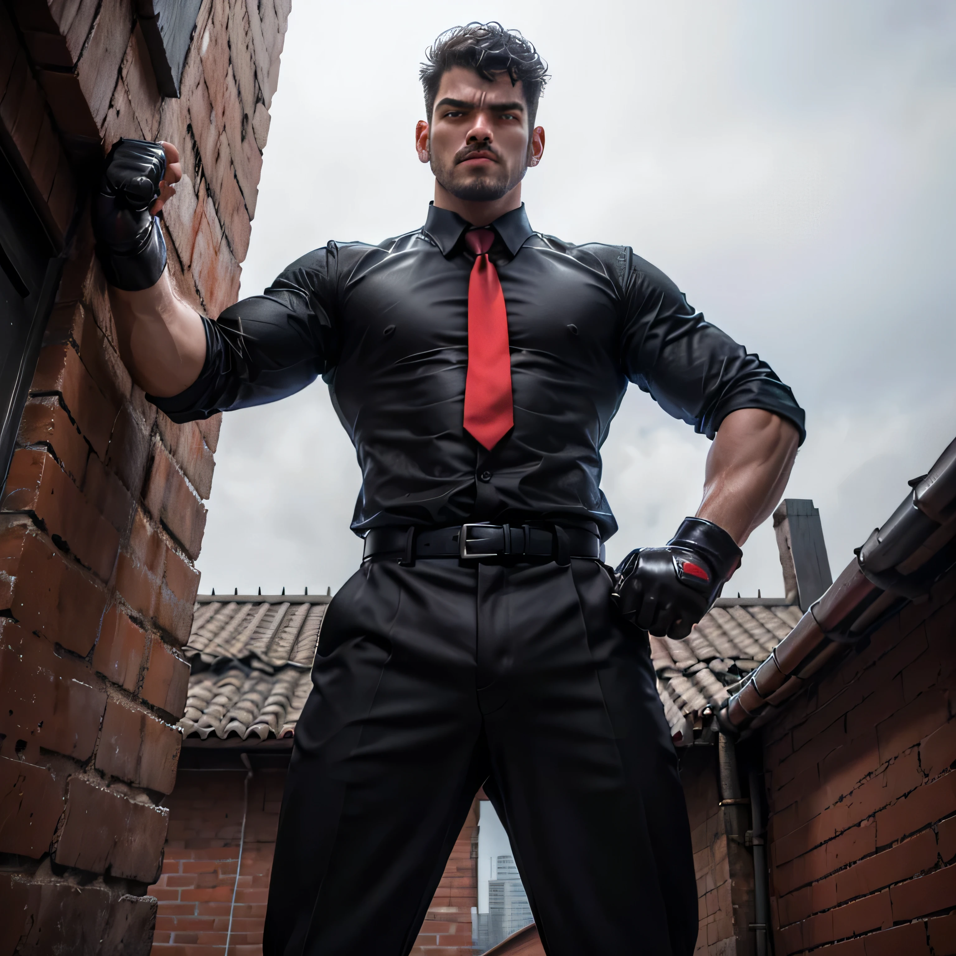 30 years old,One tall man,、Black Shirt、Red tie、Black Slim Pants、Black gloves、Dhaka - Fighters、Rooftop、Legs open in fighting pose　,,muscle,Gay ,Short hair perm、　,Asian Face,、Stubble　Menacing look　Seen from below　Upper body close-up